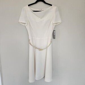Tahari NWT Size 12 Cowl Neck Fit & Flare Belted Short Sleeve Mini Dress Vanilla